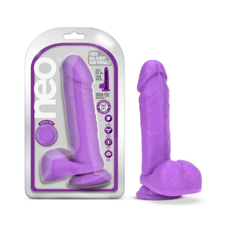 dildo travel features-Neo 8 in. Dual Density Dildo with Balls Neon Purple