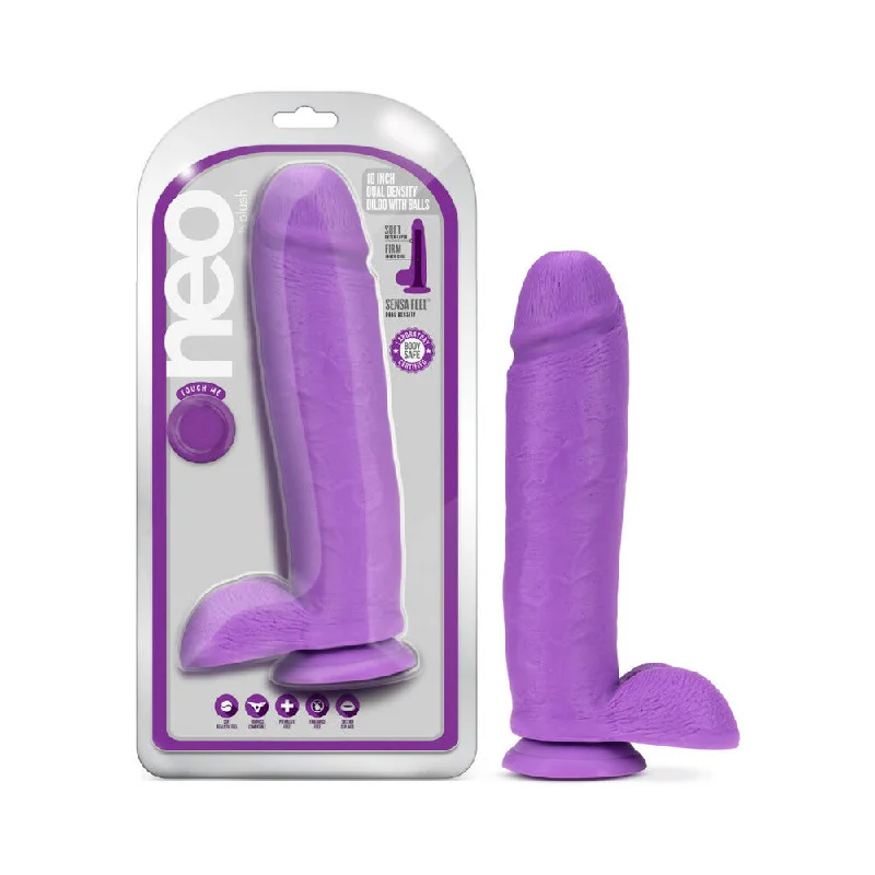 dildo girth options-Neo 10 in. Dual Density Dildo with Balls Neon Purple