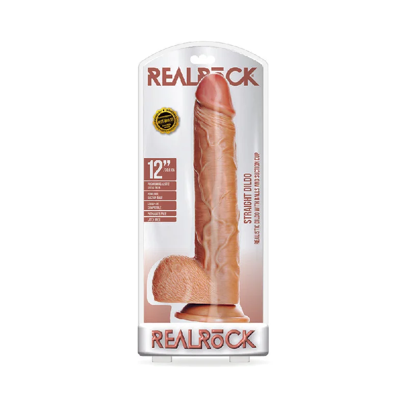 dildo aesthetic comparison-RealRock Realistic 12 in. Straight Dildo With Balls and Suction Cup Tan