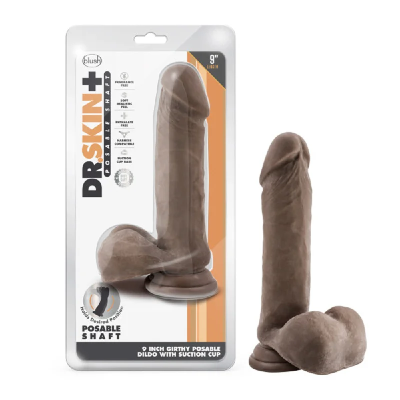 dildo performance tips-Dr. Skin Plus Thick 9 in. Triple Density Posable Dildo with Balls Brown